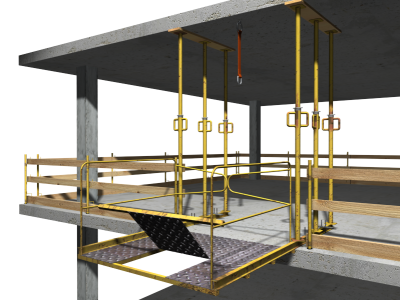 Plataforma metálica en voladizo con trampilla, para descarga de materiales en planta Plataforma metálica en voladizo con trampilla, para descarga de materiales en planta